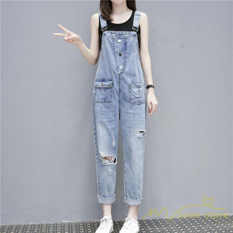 オーバーオール デニムパンツ ジーンズ 快適生地 ダメージ加工 ボトムズ ストレートパンツ スタイリッシュ レディース 水洗い かっこいい ハレムパンツ Ydnm アジアンストア 通販 Yahoo ショッピング