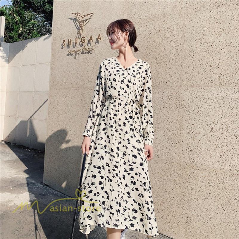 ロング ワンピース 長袖 花柄 きれいめ シフォン 韓国風 カジュアル アウトドア 楽チン レトロ シンプル きれいめ お出かけ デート Aライン パーティードレス Yexsp アジアンストア 通販 Yahoo ショッピング