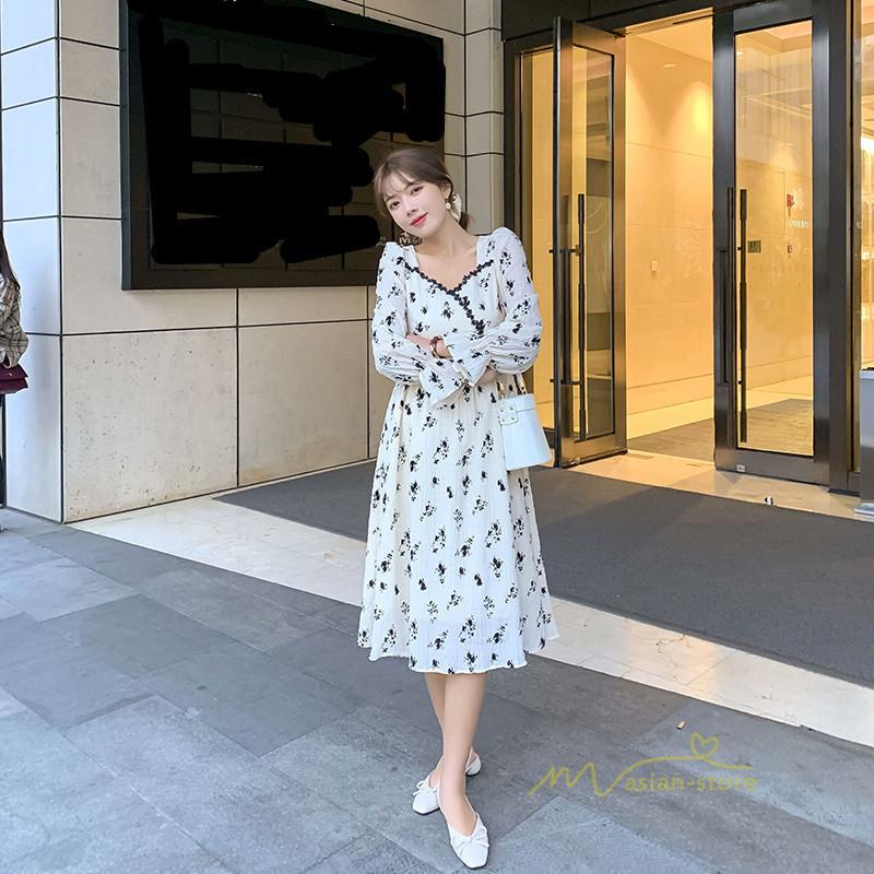 ワンピース レディース 花柄 ロングワンピース フレア袖 長袖 Aライン 薄手 ハイウエスト エレガント 体型カバー リゾート 旅行 ドレス きれいめ お出かけ Yfsyk アジアンストア 通販 Yahoo ショッピング
