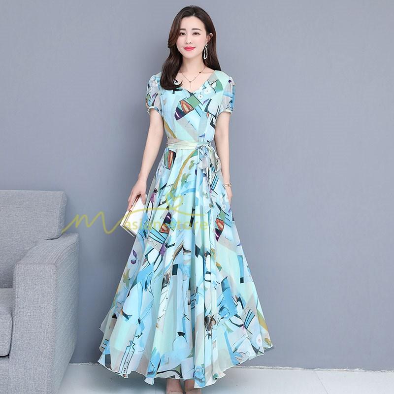 ワンピース マキシワンピース ビーチワンピ リゾートワンピ 旅行 海 レディース 着痩せ 柄ワンピース 夏物 半袖 プリーツフレア Yhd アジアンストア 通販 Yahoo ショッピング