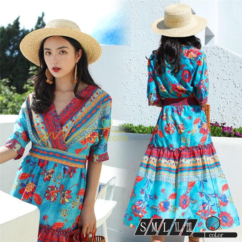 ワンピース マキシワンピース ビーチワンピ リゾートワンピ 大人 民族風 オシャレ スリット入り 花柄 Vネック 海 着痩せ 柄ワンピース Yhd アジアンストア 通販 Yahoo ショッピング