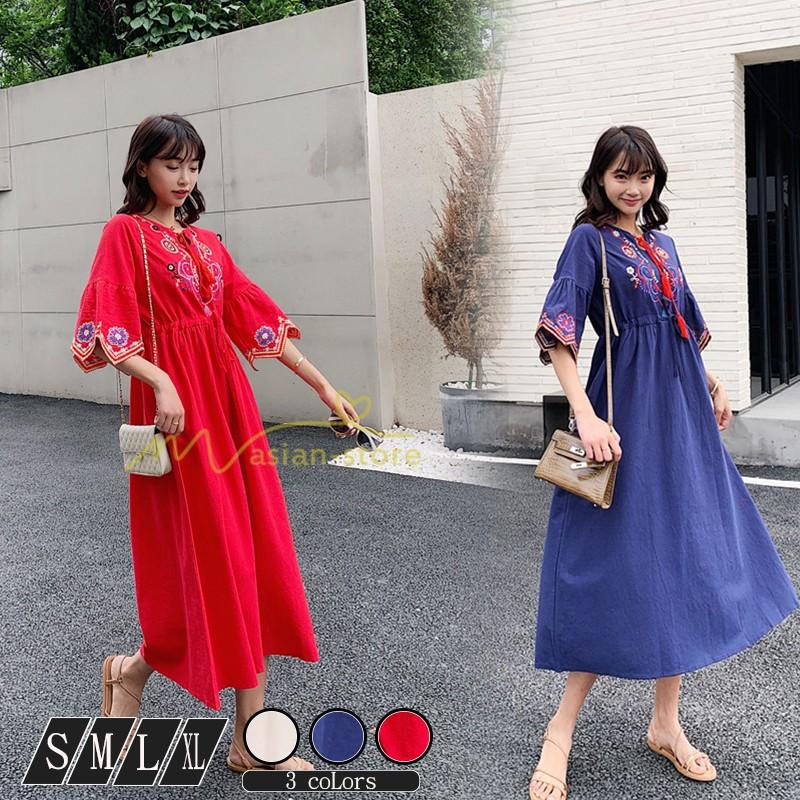 ワンピース ロングワンピース 復古 レディース 民族風 オシャレ 体型カバー 五分袖 夏 着痩せ 丸首 柄ワンピース 夏物 Yhd アジアンストア 通販 Yahoo ショッピング