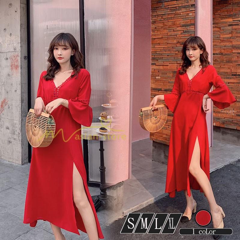 ワンピース リゾートワンピ Vネック フレア袖 体型カバー スリット マキシ丈 ハイウエスト 復古風 半袖 夏物 S M L Xl 無地 着痩せ セクシー Yhd アジアンストア 通販 Yahoo ショッピング
