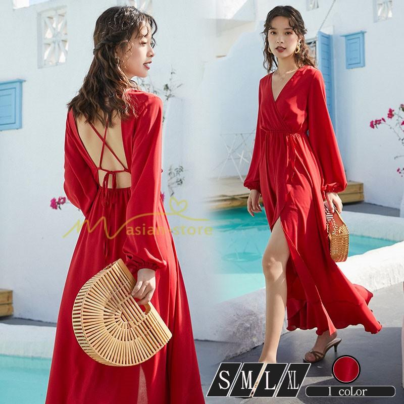 ワンピース カジュアル セクシー リゾートワンピ 無地 細身 オシャレ 夏 背中開き ビーチワンピ フレアワンピース Vネック ゆったり Yhd アジアンストア 通販 Yahoo ショッピング