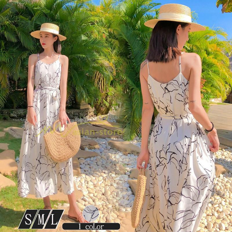 マキシワンピース ビーチワンピ リゾートワンピ キャミソール リボン ノースリーブ 夏物 セクシー ボヘミア風 シフォン 上品 Aライン 柄ワンピース Yhd アジアンストア 通販 Yahoo ショッピング
