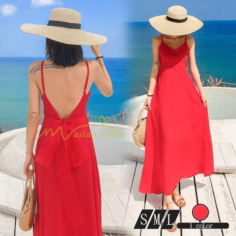 マキシワンピース ビーチワンピ リゾートワンピ 背中開き キャミソール 無地 レディース 着痩せ ノースリーブ セクシー シフォン プリーツフレア カジュアル Yhd アジアンストア 通販 Yahoo ショッピング
