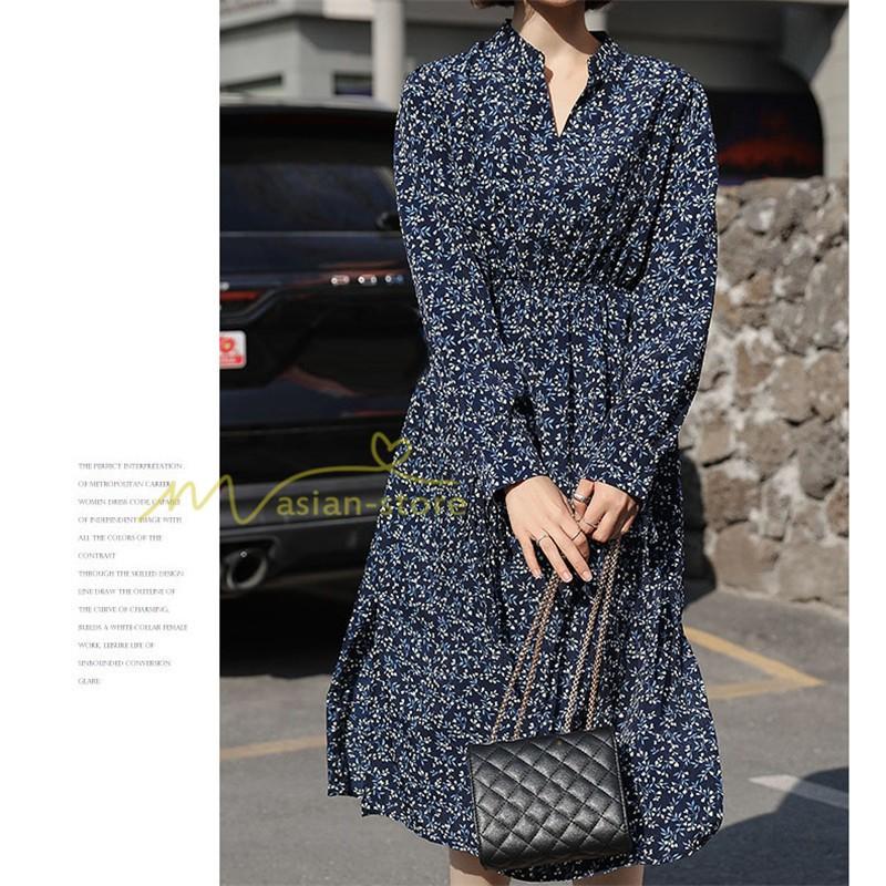 ワンピース ロング丈 長袖 柄ワンピース 小花柄 上品 通勤 レディース 着痩せ Vネック リボン ポリエステル シフォン 復古風 韓国風 Aライン 長袖 Yhd アジアンストア 通販 Yahoo ショッピング