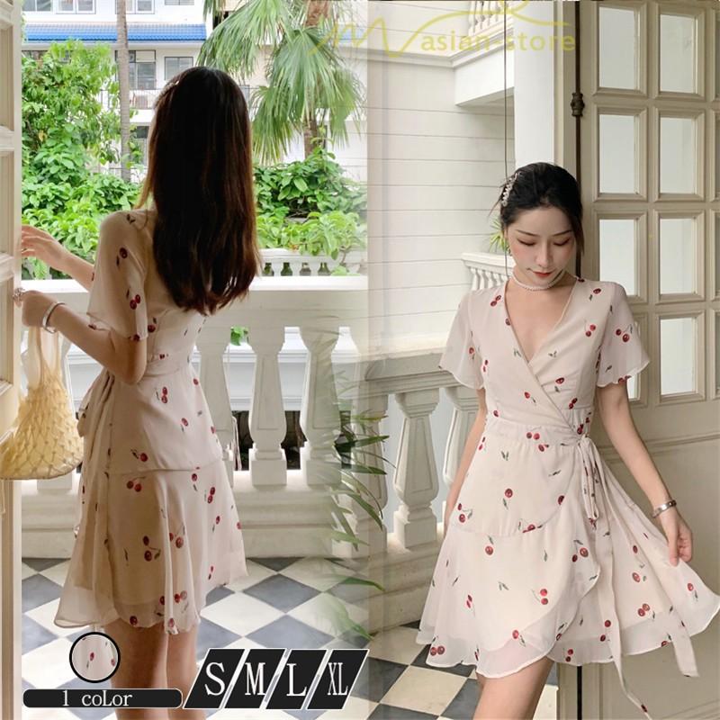 ワンピース リゾートワンピ フランス風 柄ワンピース 花柄 ミニ丈 裏地付き レディース Vネック 夏物 フレアワンピース 半袖 通勤 ハイウエスト Yhd アジアンストア 通販 Yahoo ショッピング