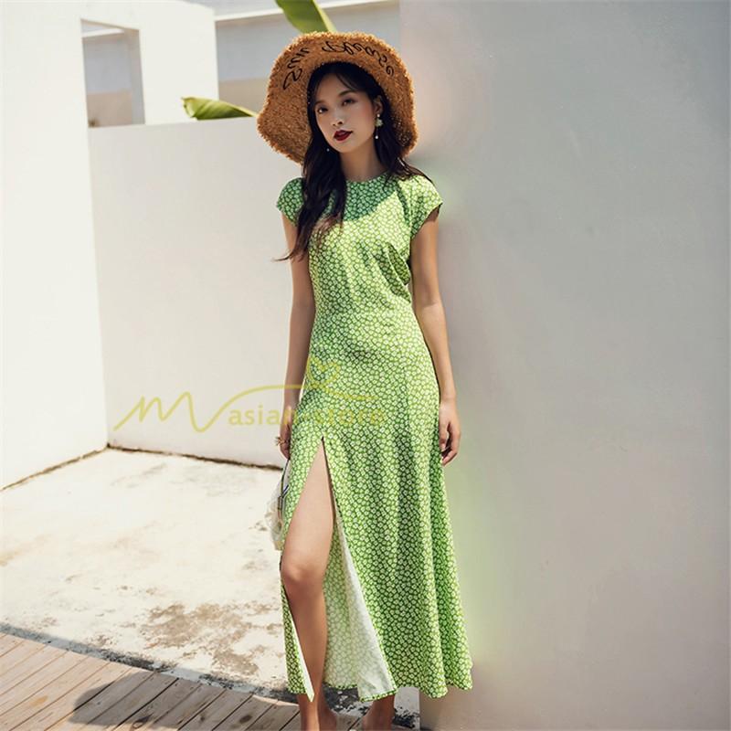 ワンピース リゾートワンピ 花柄 柄ワンピース 夏物 レディース 丸首 スリット 着痩せ 旅行 マキシ丈 半袖 ビーチワンピ 上品 復古風 シンプル Yhd アジアンストア 通販 Yahoo ショッピング