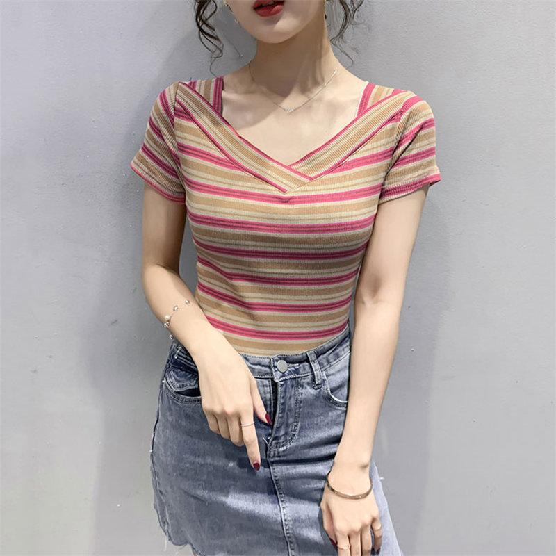 Tシャツ ボーダー レディース Vネック コットン 半袖tシャツ ガーリー スリム デイリーコーデ レトロ 韓国風 鎖骨見せ 着痩せ ファッション フェミニン Yhdfs アジアンストア 通販 Yahoo ショッピング