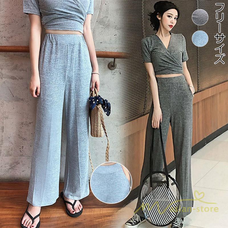 レディースセットアップ トップス ガウチョパンツ 半袖 ロングパンツ 綿2点セット ウエストゴム ワイドパンツ 着痩せ ハイウエスト ショート丈tシャツ Yhmtl アジアンストア 通販 Yahoo ショッピング