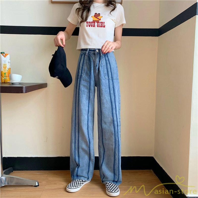 デニムパンツ ストライプパンツ ストレートパンツ ハイウエスト ロングパンツ ワイドパンツ レディースパンツ ジーンズ デニム ボトムス デニムズボン Yhmtl アジアンストア 通販 Yahoo ショッピング