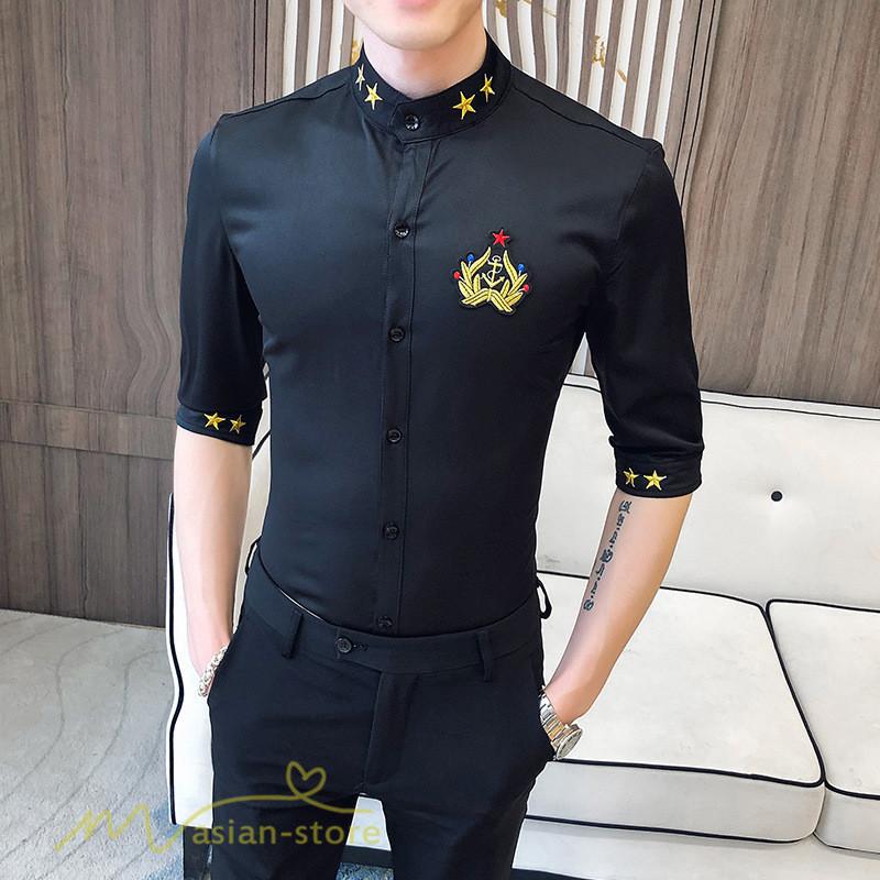 メンズシャツ 5分袖 夏 秋 新作 カジュアルシャツ 着こなし スタンドネック 刺繍 人気 シャツ トップス おしゃれ シルエット 細身 大人 大きいサイズ お出かけ Yhzlm121 アジアンストア 通販 Yahoo ショッピング