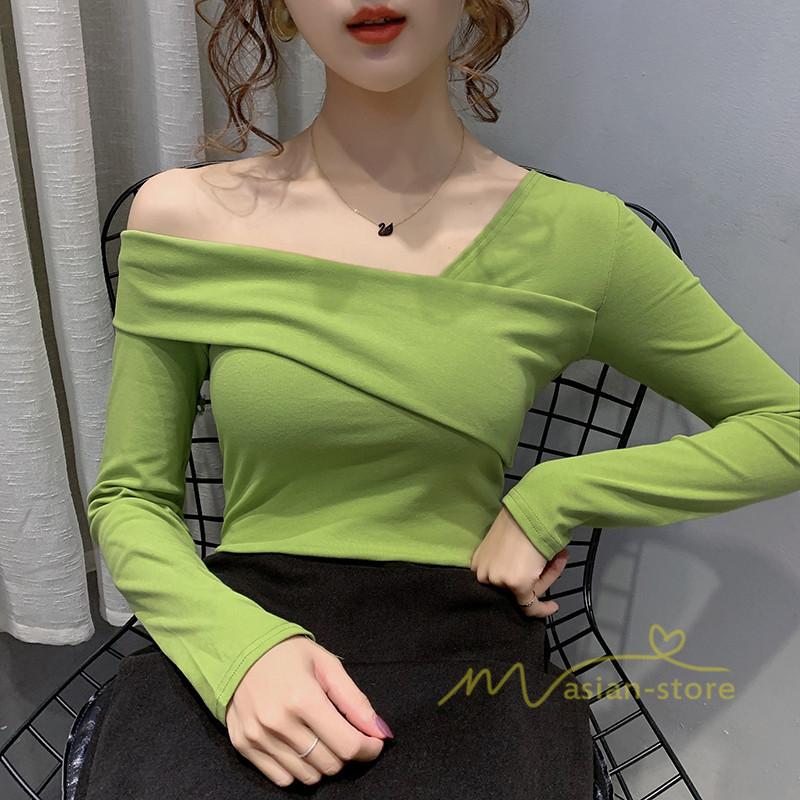 トップス Tシャツ レディース 長袖tシャツ セクシー 韓国ファッション 21 ストレッチ きれいめ カシュクール 通勤 代30代40代 アウター 着痩せ カジュアル Yktst アジアンストア 通販 Yahoo ショッピング