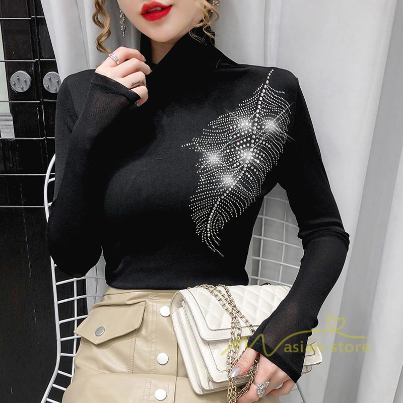 長袖 カットソー Tシャツ レディース 無地 人気 ハイネック オシャレ フィット タイト ストレッチ 韓国ファッション 30代 40代 50代 きれいめ カシュクール 21 Yktst アジアンストア 通販 Yahoo ショッピング