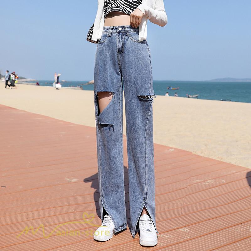 デニムパンツ レディース ロング丈 着痩せ ジーンズ ワイドパンツ ダメージ 裾口スリット おしゃれ ハイウエスト 夏コーデ 人気 上品 短め 長め 日常 無地 新作 Yliuru アジアンストア 通販 Yahoo ショッピング