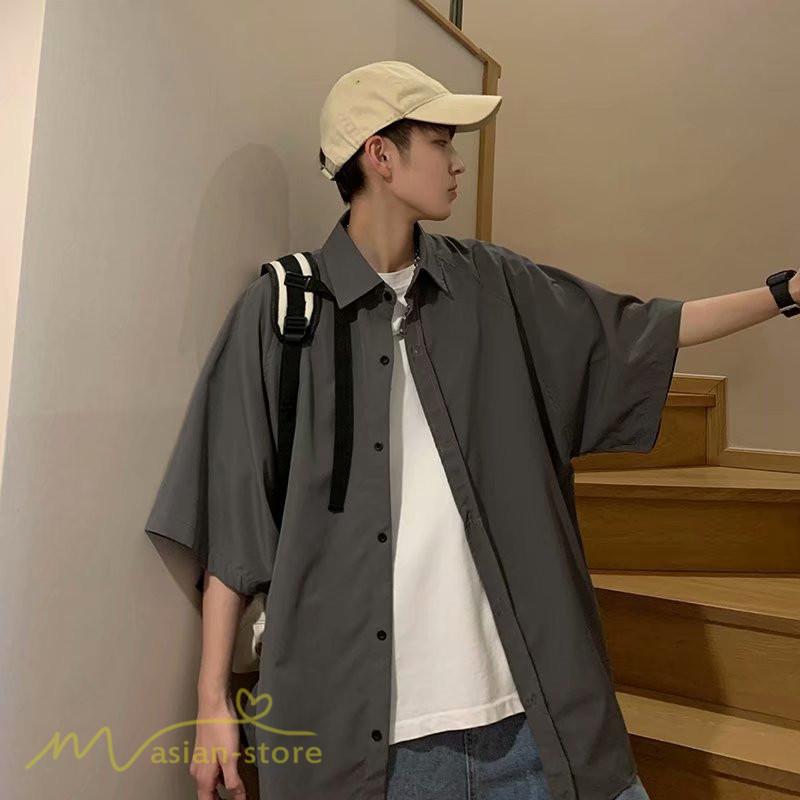 シャツ メンズ ライトアウター 着痩せ ゆったり ワイドトップス 韓国風 日常感 無地 カッコイイ 薄手 夏コーデ 21新作 半袖 大きいサイズ Xxl 4色展開 上品 Yliuru アジアンストア 通販 Yahoo ショッピング