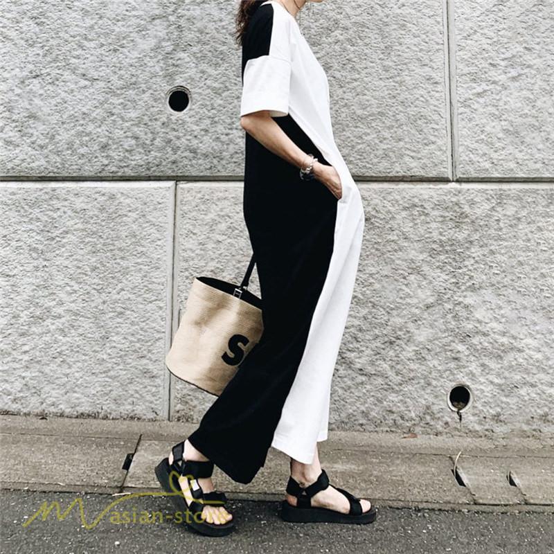 Tシャツワンピース ロング丈 レディース 配色切替 半袖 クルーネック ロングワンピース フリーサイズ 韓国風 日常感 ゆるワンピース きれいめ 夏コーデ 送料無料 Yliuruk アジアンストア 通販 Yahoo ショッピング