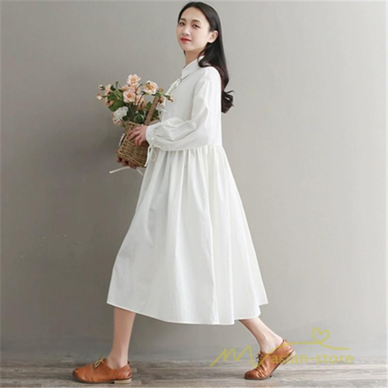 シャツワンピース 長袖ワンピース 綿麻 ワンピース カワイイ 白 フレアワンピース 無地 春物 レディース 春コーデ 通学通勤 学生 代30代 女の子 Ylyq アジアンストア 通販 Yahoo ショッピング