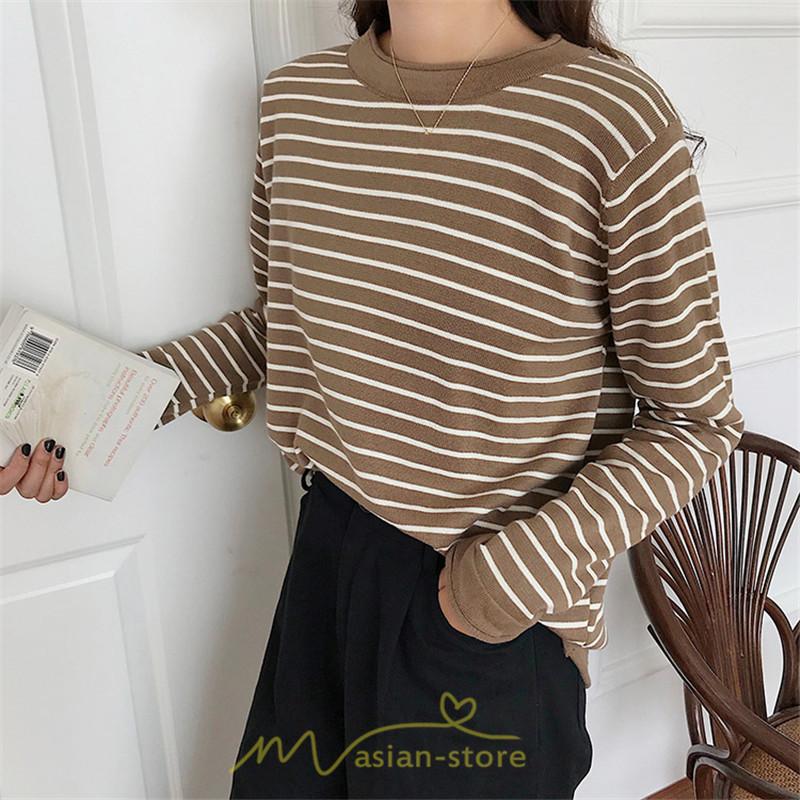 カットソー 丸首 長袖 快適生地 デイリーコーデ 体型カバー スタイリッシュ ボーダー柄 シンプルデザイン 秋コーデ レディース オシャレ インナー Yone アジアンストア 通販 Yahoo ショッピング