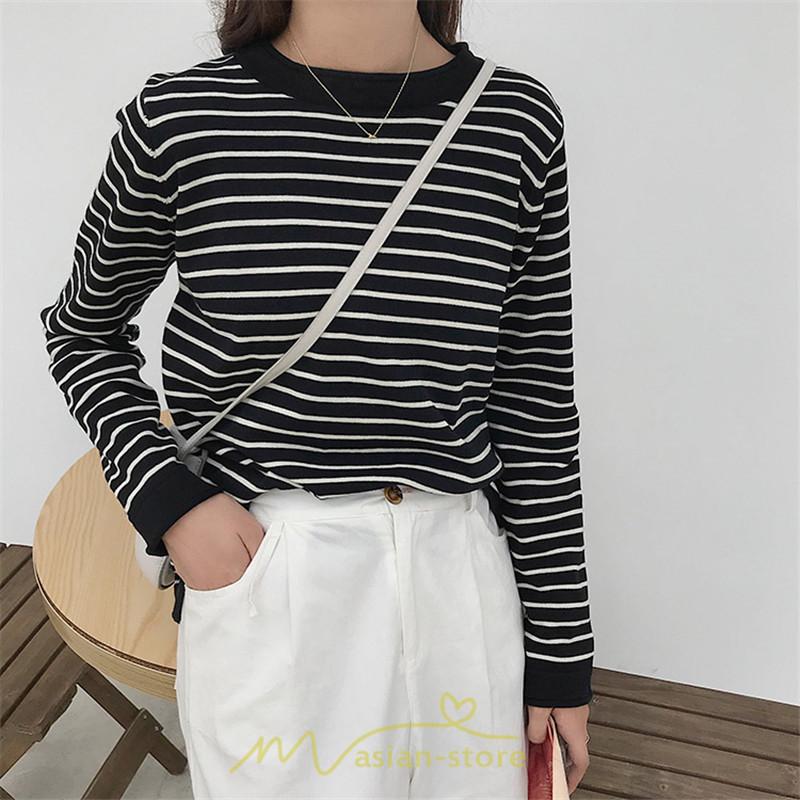 カットソー 丸首 長袖 快適生地 デイリーコーデ 体型カバー スタイリッシュ ボーダー柄 シンプルデザイン 秋コーデ レディース オシャレ インナー Yone アジアンストア 通販 Yahoo ショッピング