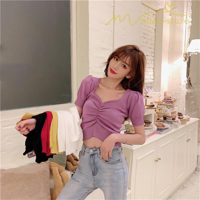 カットソー Tシャツ ショート丈シャツ コットン デイリーコーデ スタイリッシュ レディース オシャレ セクシー ヘソ出し フロントシャーリング ピンタック Yonemw アジアンストア 通販 Yahoo ショッピング