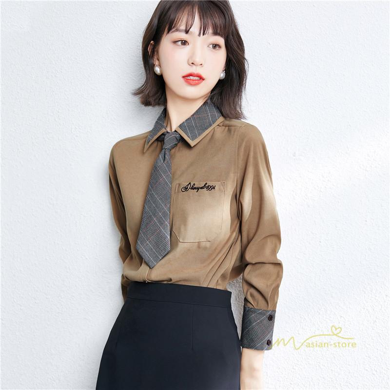 シャツ ブラウス レディース ブラウス ネクタイ付き チェック柄 バイカラー シャツ トップス フォーマル Ol 通勤 オフィス 体型カバー 大人 ファッション 着痩せ Yore アジアンストア 通販 Yahoo ショッピング