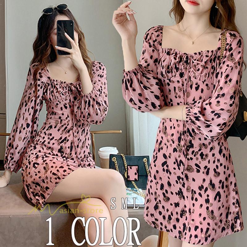 レディース ワンピース ヒョウ柄 キレイめ チュニック セクシー パーティー 結婚式 膝上丈 21作 お出かけ カジュアル 春 代30代40代 長袖 スクエアネック Yowps アジアンストア 通販 Yahoo ショッピング