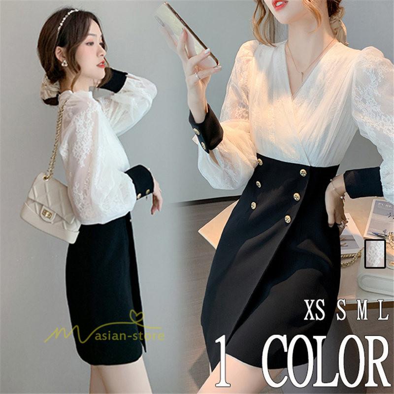 ワンピース レディース きれいめワンピース フェイクレイヤード 21 通勤 着痩せ パーティー 結婚式 Vネック セクシー 大人 カジュアル 長袖 上品 レース付き Yowps アジアンストア 通販 Yahoo ショッピング