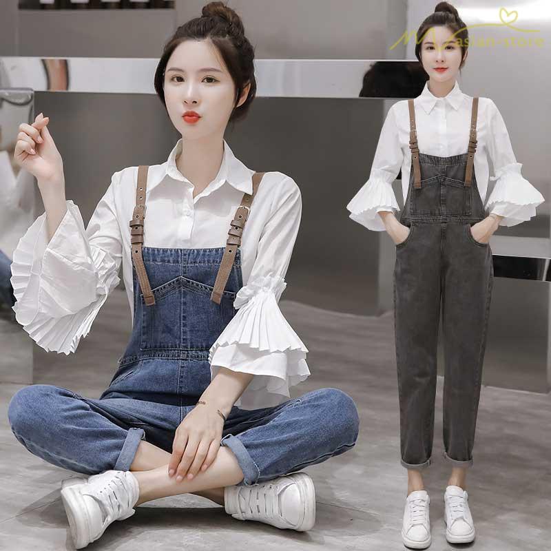 セットアップ デニム オーバーオール ブラウス ストレートパンツ エレガント レディース オシャレ 春秋コーデ 快適生地 フレア袖 長袖 サロペットパンツ Yqcbh アジアンストア 通販 Yahoo ショッピング