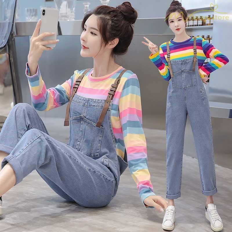 セットアップ デニム オーバーオール ｔシャツ 長袖 九分丈パンツ 快適生地 レディース 丸首 韓国風 新制作 秋コーデ ストレート サロペットパンツ 虹色 Yqcbh アジアンストア 通販 Yahoo ショッピング