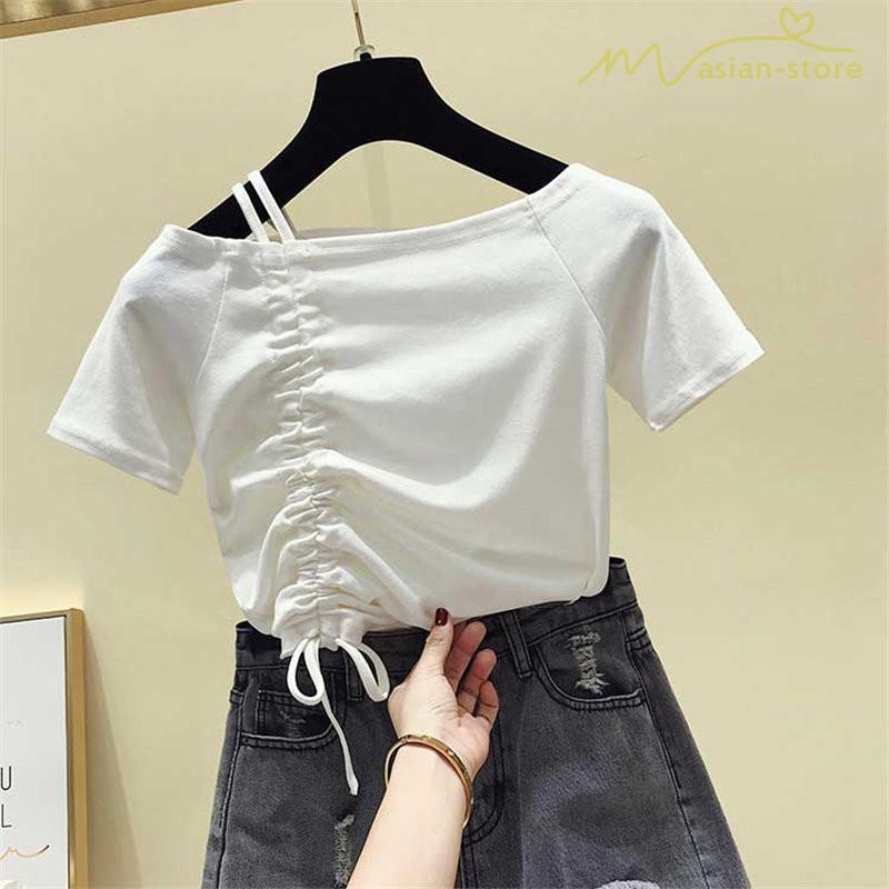 ｔシャツ デイリーコーデ インフルエンサー サイドシャーリング リボンデザイン ピンタック オフ ショルダー キャミソール 半袖 シンプルデザイン 通気性が良く Yxsr アジアンストア 通販 Yahoo ショッピング