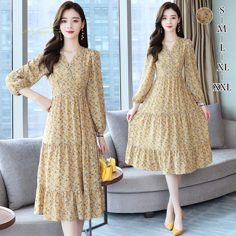 ワンピース 花柄 レディース Aライン シフォンワンピース ハイウエスト ヴィンテージ 韓国ファッション エレガント 通勤 オフィス トレンド 淑女 秋コーデ Yydy アジアンストア 通販 Yahoo ショッピング