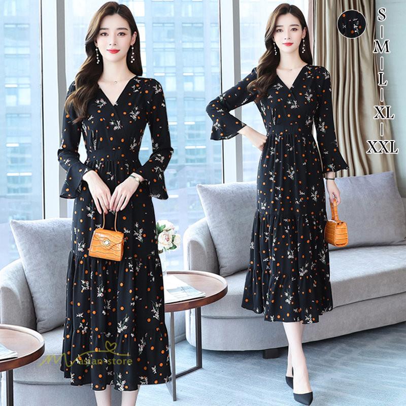 シフォンワンピース レディース 花柄 長袖 ロングワンピース ベルスリーブ ドット柄 Vネック ハイウエスト 着痩せ フェミニン ファッション トレンド お出かけ Yydy アジアンストア 通販 Yahoo ショッピング
