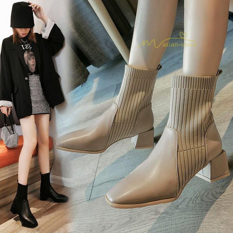 ニットブーツ レディース ショートブーツ ブーティ 太めヒール 痛くない 歩きやすい スクエアートゥ ストレッチ 靴 履きやすい 通勤 オフィス お出かけ Yzjtz アジアンストア 通販 Yahoo ショッピング