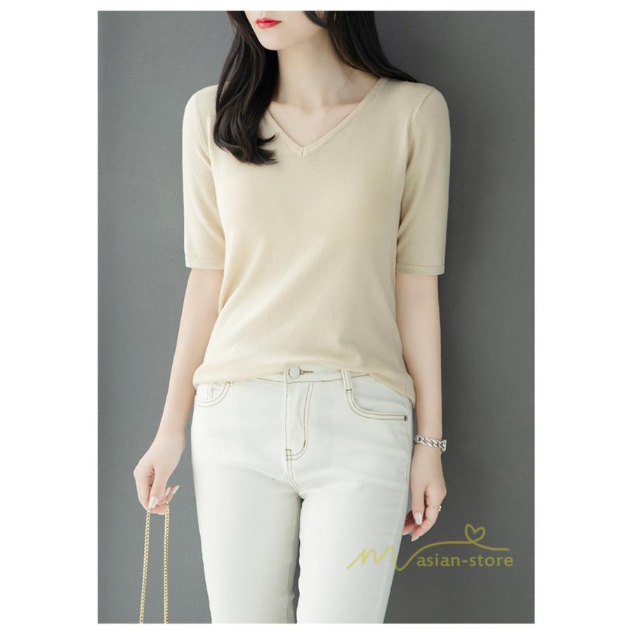 サマーニット レディース Vネック トップス ニット 半袖 春服 春物 ニットチュニック 無地 きれいめ 春夏 白 黒 5分袖 リブ 涼し気 夏ニット Yzxiaoxue022 アジアンストア 通販 Yahoo ショッピング