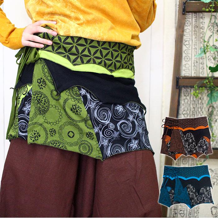 巻きスカート レイヤード レディース エスニックプリント ギザギザ