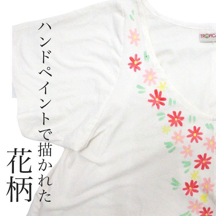 サンデー ワンピース マキシ ロング丈 半袖 花柄 白 ！ ハンドペイント