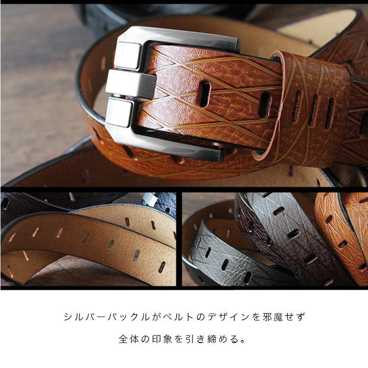 ベルト メンズ 本革 牛革 ダイヤデザイン 格子模様 プレートピン