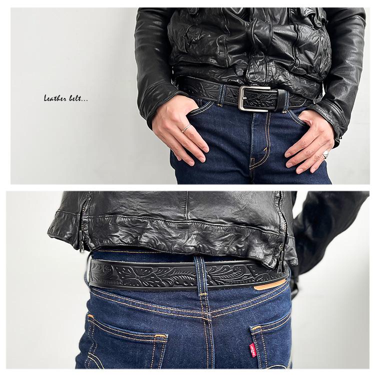 ベルト メンズ カジュアル 本革 大きいサイズ ロング レザー フワラー