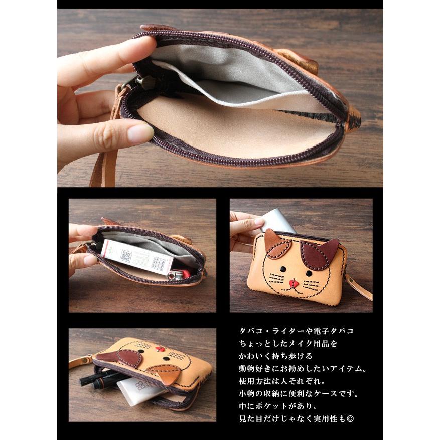 レザーポーチ 本革 猫 ネコ レディース ハンドメイド ストラップ付き