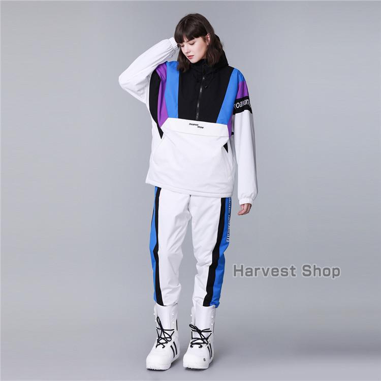 爆売り セットアップ レディース メンズ 上下セット スノーボードウェア 配色 防寒 防風 防水 スキー スノボ スノボウェア スキーウェア 型落ち パーカー フード付き 韓国風 紫 切り替え 22 ウエア Kasmed Uz