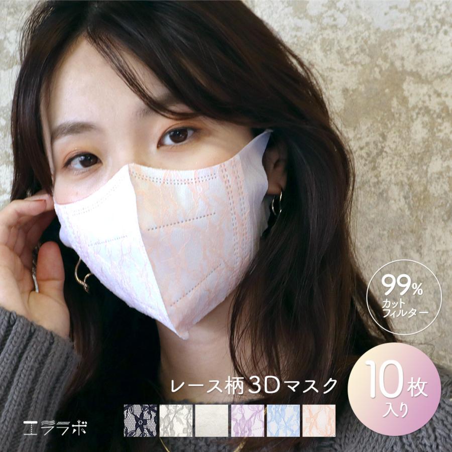 マスク 不織布 立体 大人用 10枚入り 本物レース 幅広耳ひも 痛くなり