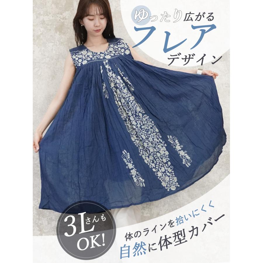 ワンピース レディース 春夏 綿100％ ノースリーブ ギャザー