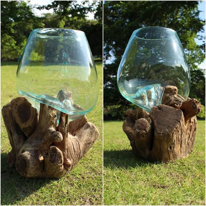 天然木×バリガラス フラワーボウル Lサイズ 形状お任せ GCT-0215 花瓶 金魚鉢 テラリウムの画像