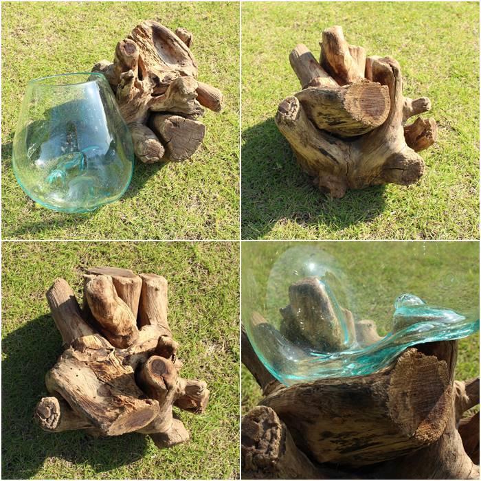 天然木×バリガラス フラワーボウル Lサイズ 形状お任せ GCT-0215 花瓶 金魚鉢 テラリウムの画像
