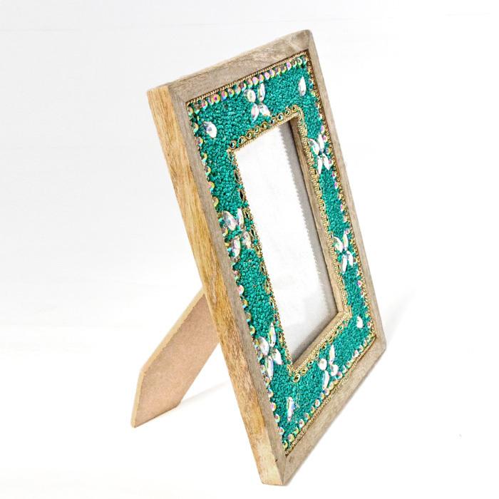 フォトフレーム ビーズ 天然木 《19cm×24cm》ターコイズ 水色 ウッド