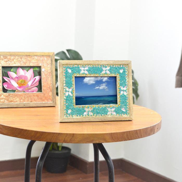 フォトフレーム ビーズ 天然木 《19cm×24cm》ターコイズ 水色 ウッド