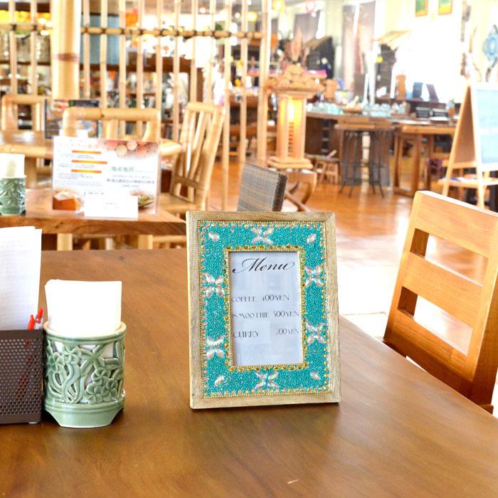 フォトフレーム ビーズ 天然木 《19cm×24cm》ターコイズ 水色 ウッド