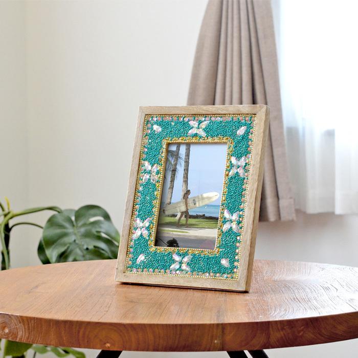 フォトフレーム ビーズ 天然木 《19cm×24cm》ターコイズ 水色 ウッド